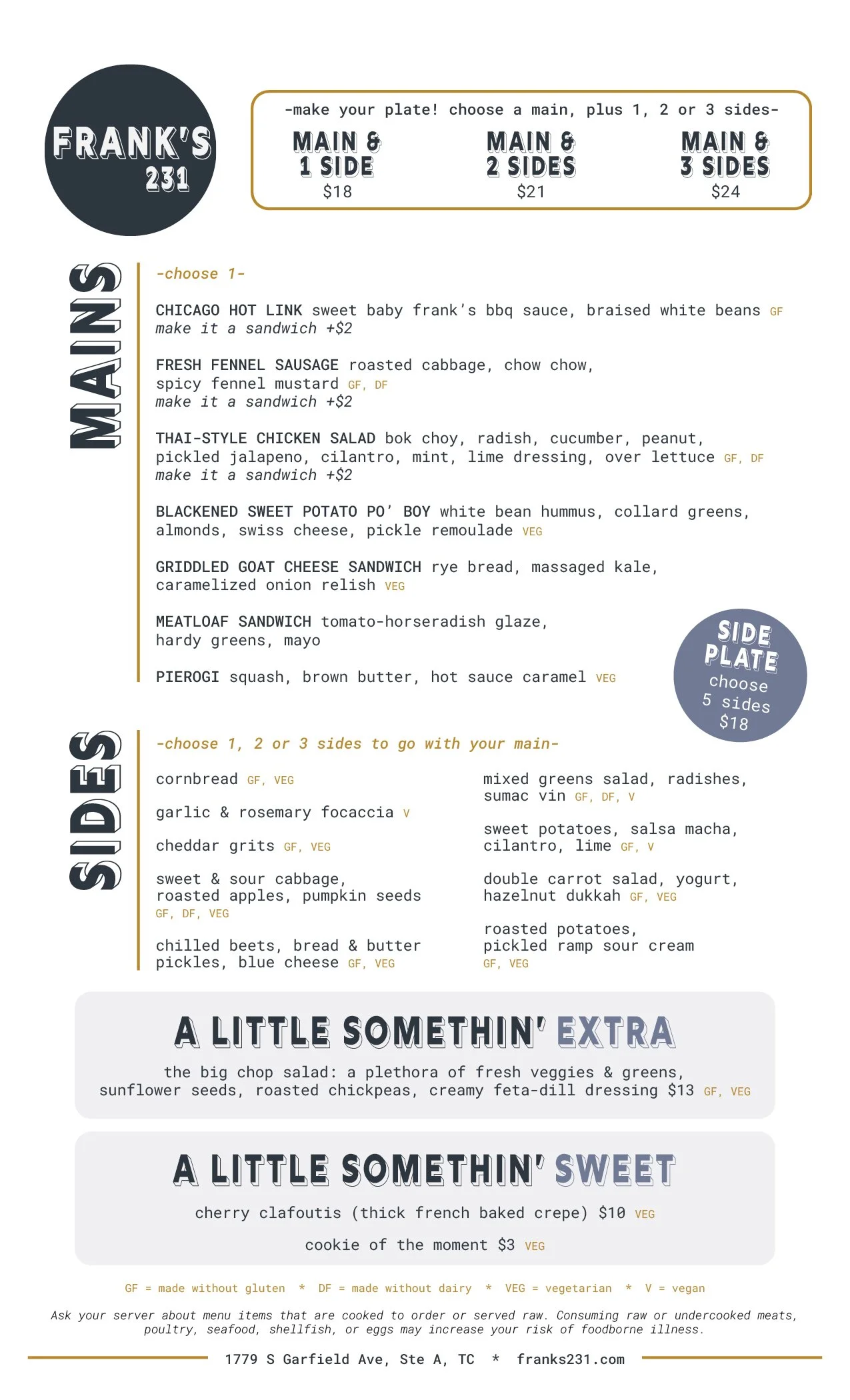 Dine-In Menu — Frank's 231 | Traverse City, MI